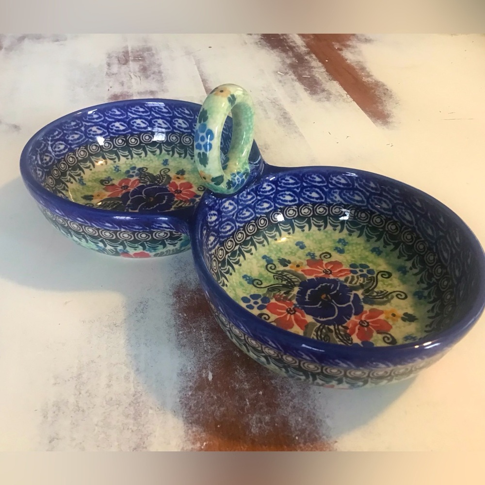 Polish Pottery Unikat Condiment Bowls Handled Floral